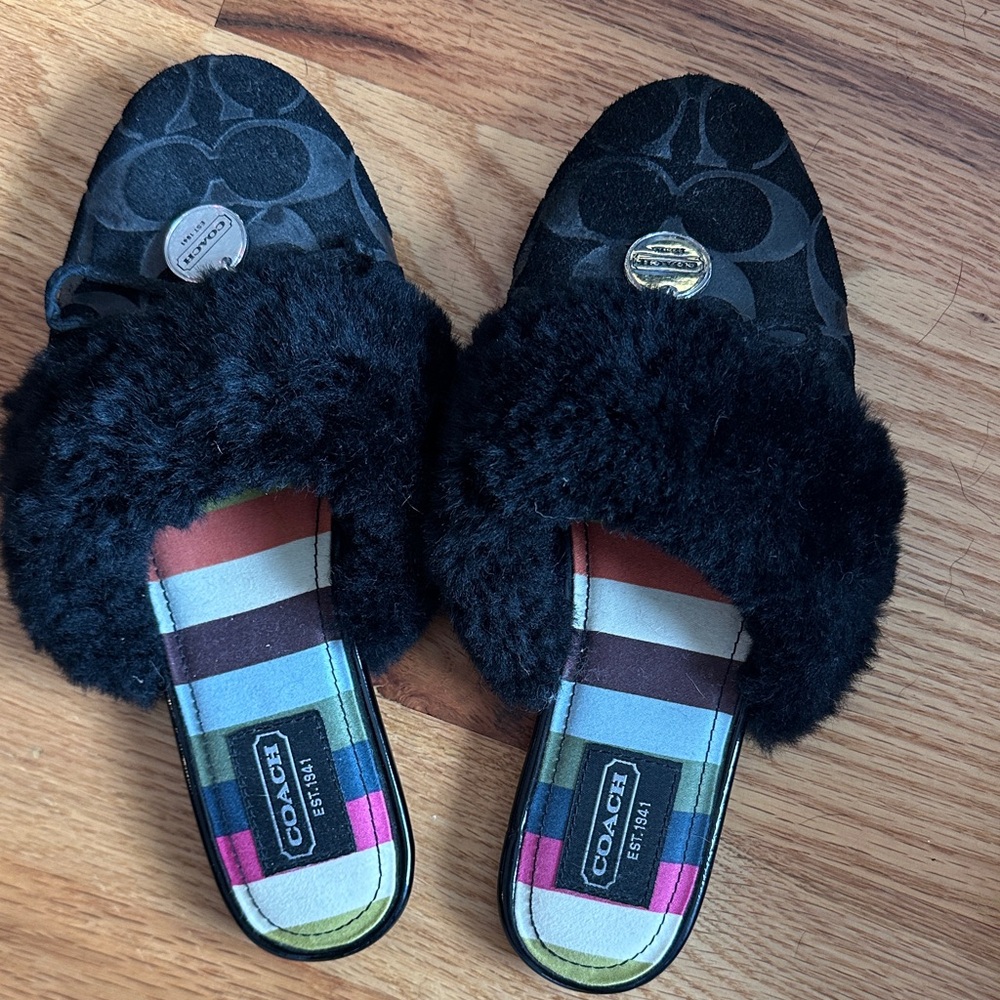Coach Women's Black and Multicolor Fur Slippers